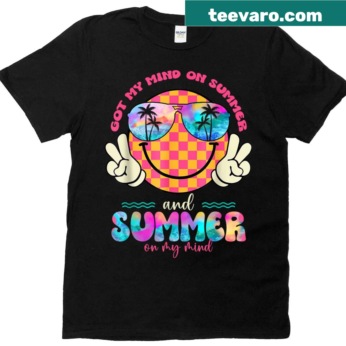 Summer vibe teacher T-shirt with happy face graphic. — on a men's t-shirt