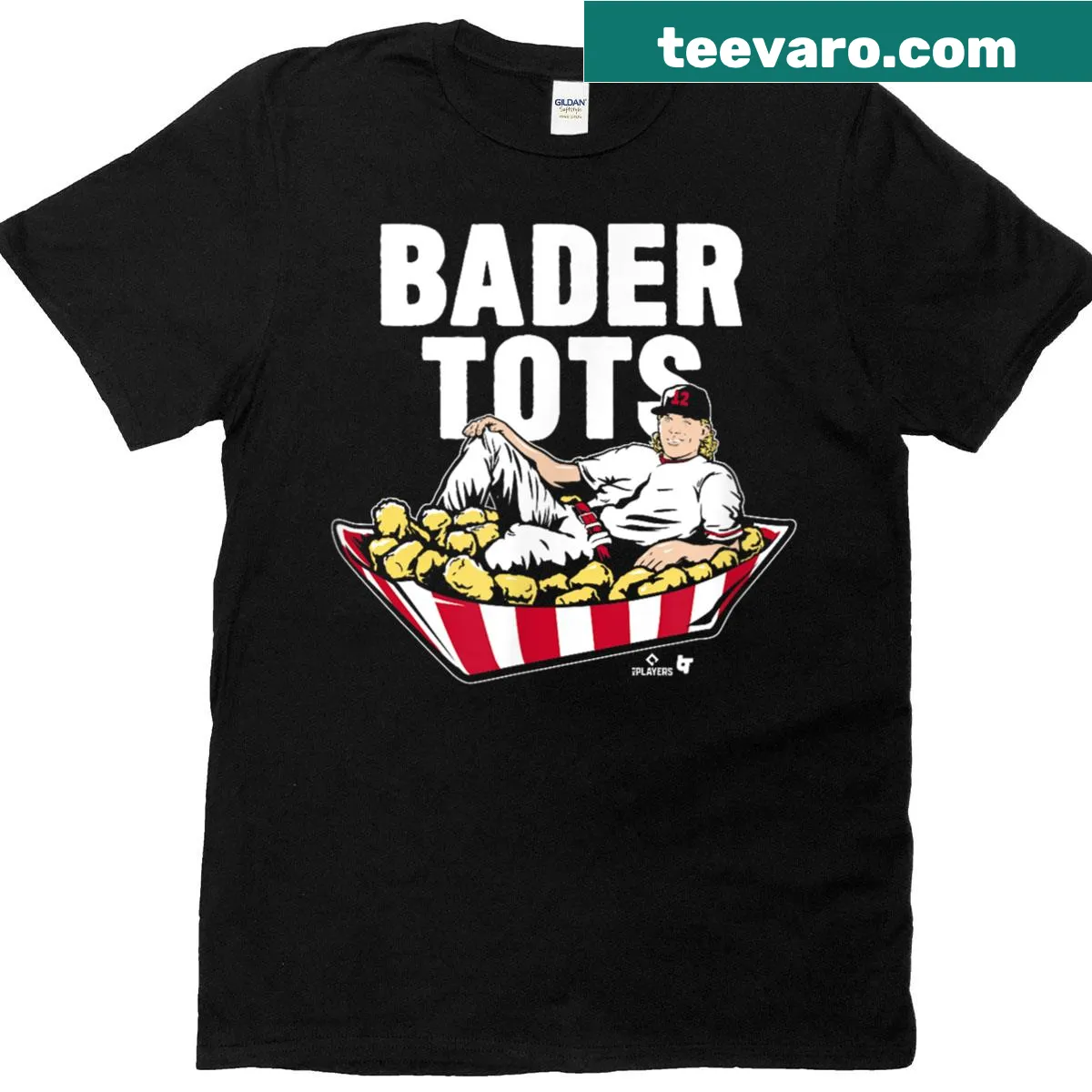 Harrison Bader T-shirt with 'Bader Tots' baseball emblem — on a men's t-shirt