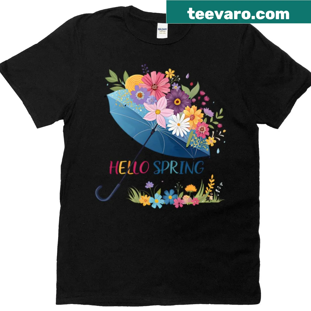 Spring-themed t-shirt with floral umbrella illustration — on a men's t-shirt