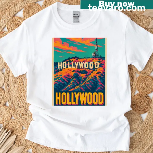 Retro-inspired Hollywood T-shirt with a whimsical sign illustration