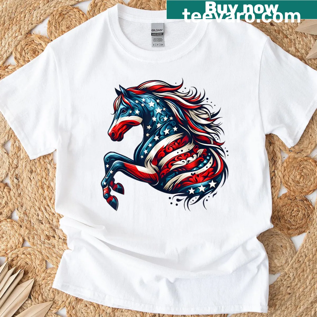 Patriotic T-shirt featuring a horse graphic with American flag — on a men's t-shirt