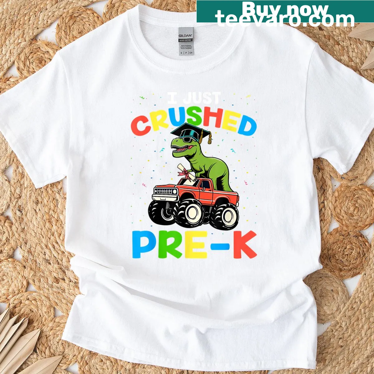 Dinosaur-themed t-shirt celebrating pre-k graduation — on a men's t-shirt