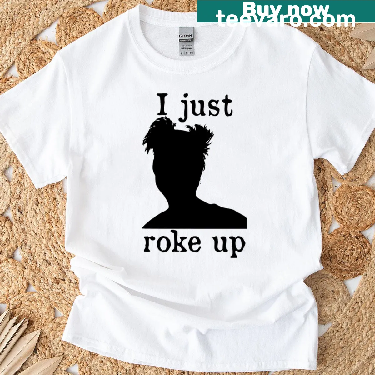 Playful 'I Just Roke Up' text graphic on a t-shirt — on a men's t-shirt