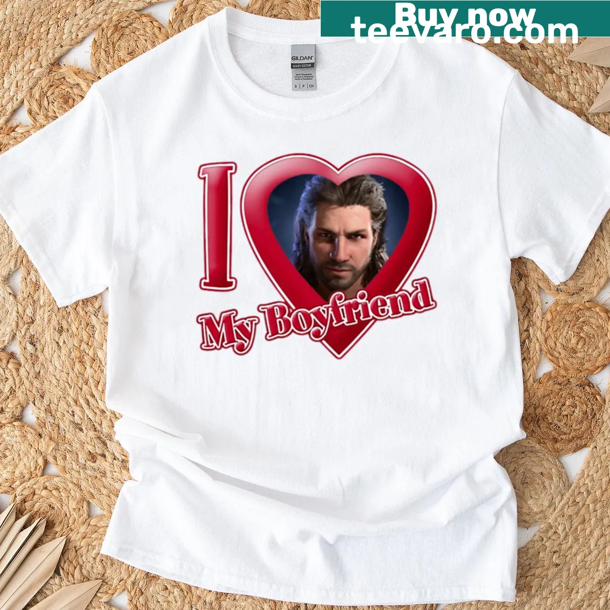 Graphic t-shirt featuring Gale from Baldur's Gate 3 with a love statement — on a men's t-shirt