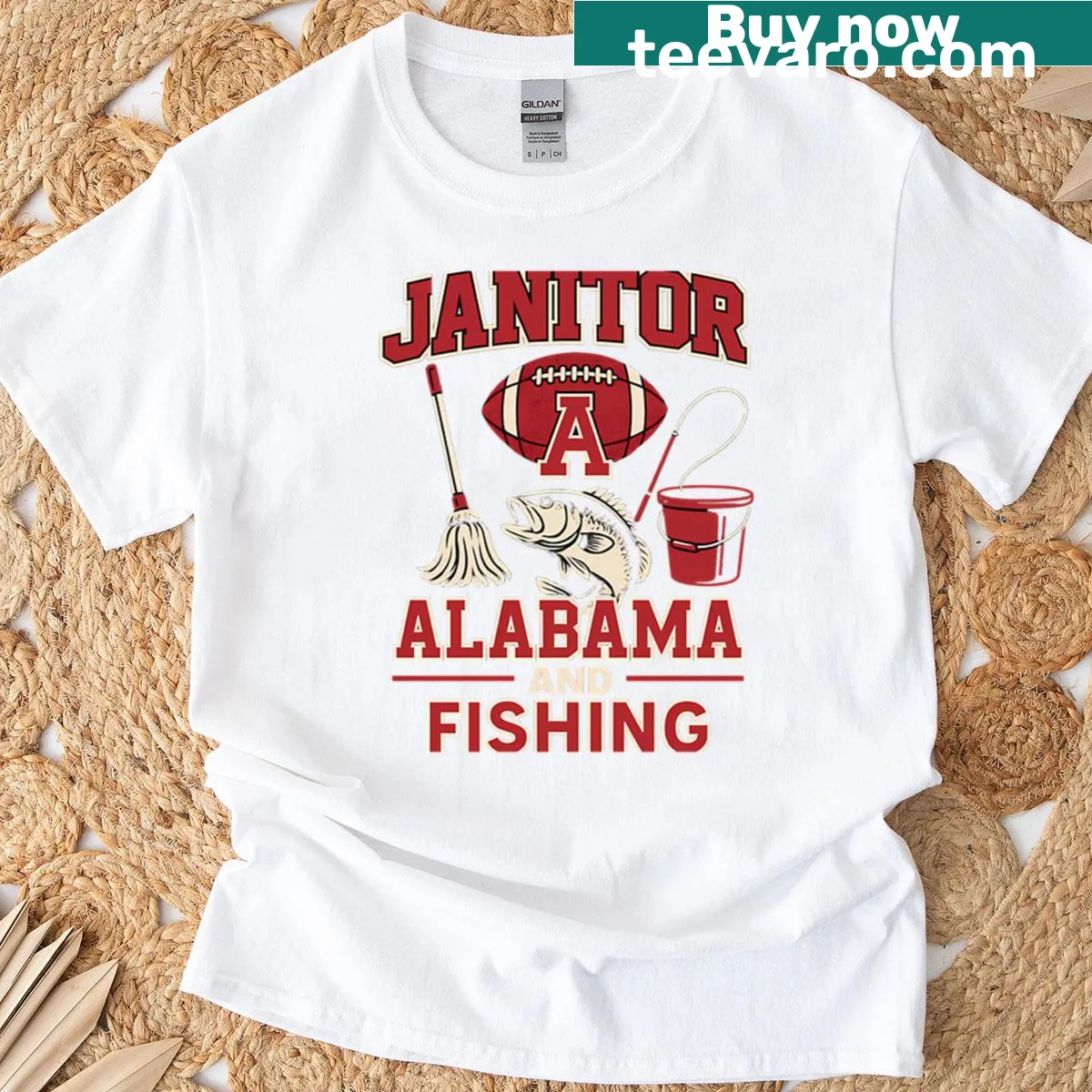 T-shirt featuring the phrase 'I'm a Janitor Who Loves Alabama Fishing' in bold text — on a men's t-shirt