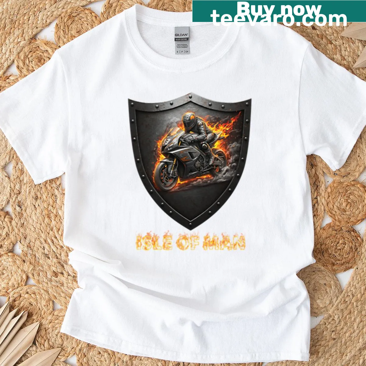 T-shirt featuring a flaming motorcycle shield design for Isle of Man TT fans — on a men's t-shirt