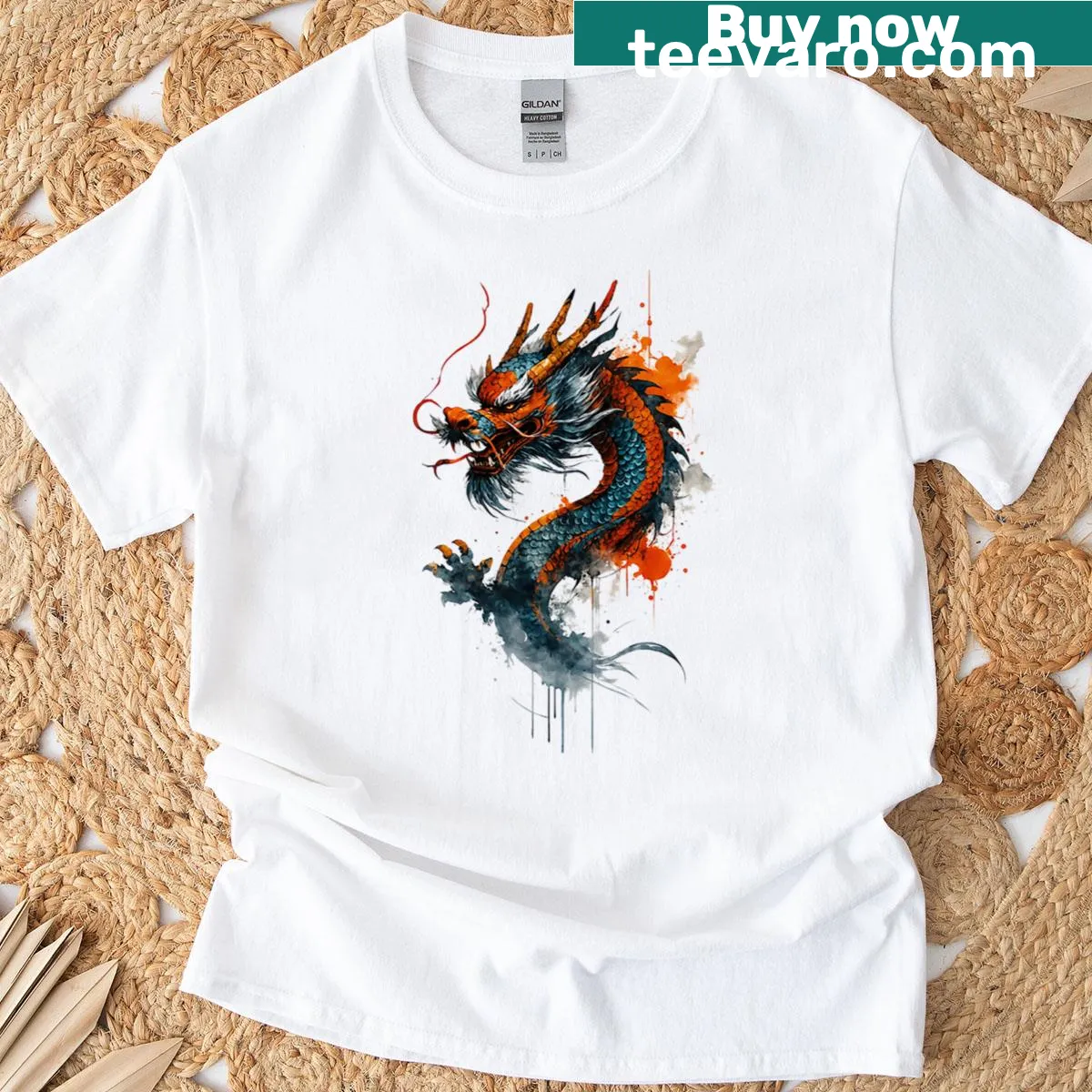 Intricate Japanese dragon tattoo art on oversized t-shirt — on a men's t-shirt