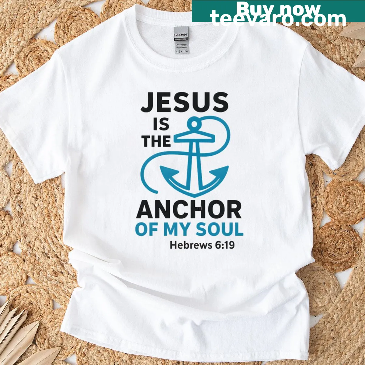 T-shirt with text about faith in Jesus as the anchor of the soul — on a men's t-shirt