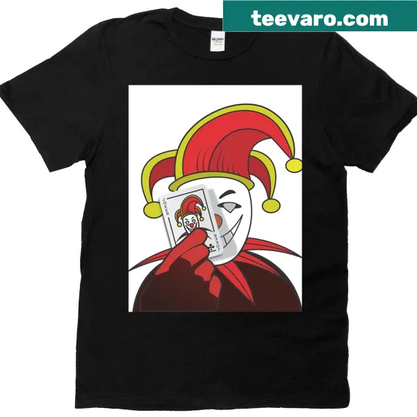 Illustrated T-shirt of the Joker holding a playing card.