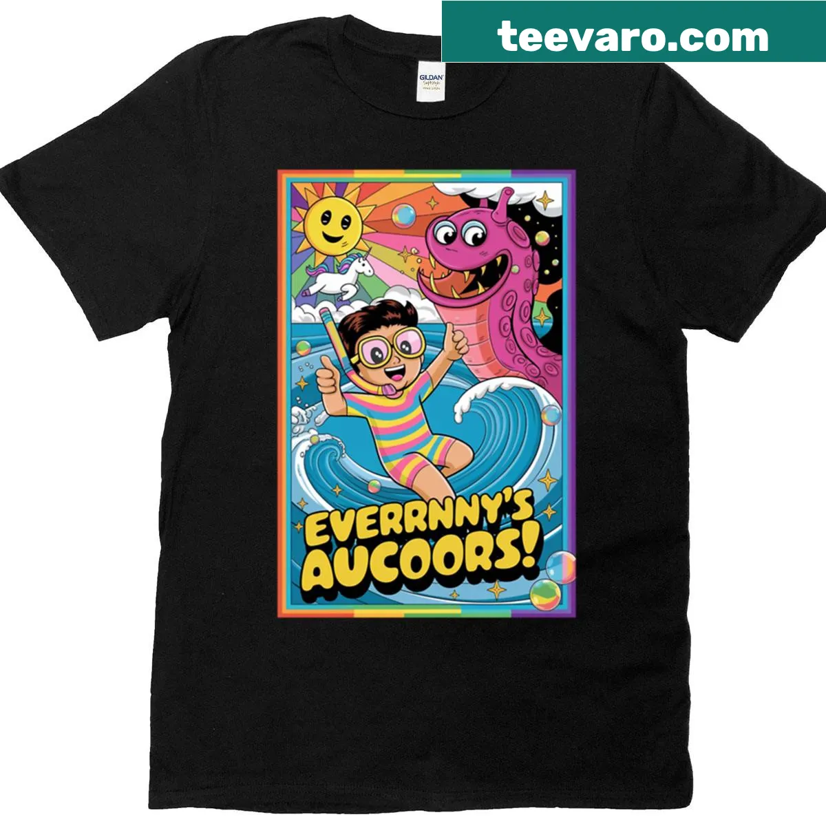 Oversized T-shirt featuring a joyful kid splashing in ocean waves. — on a men's t-shirt