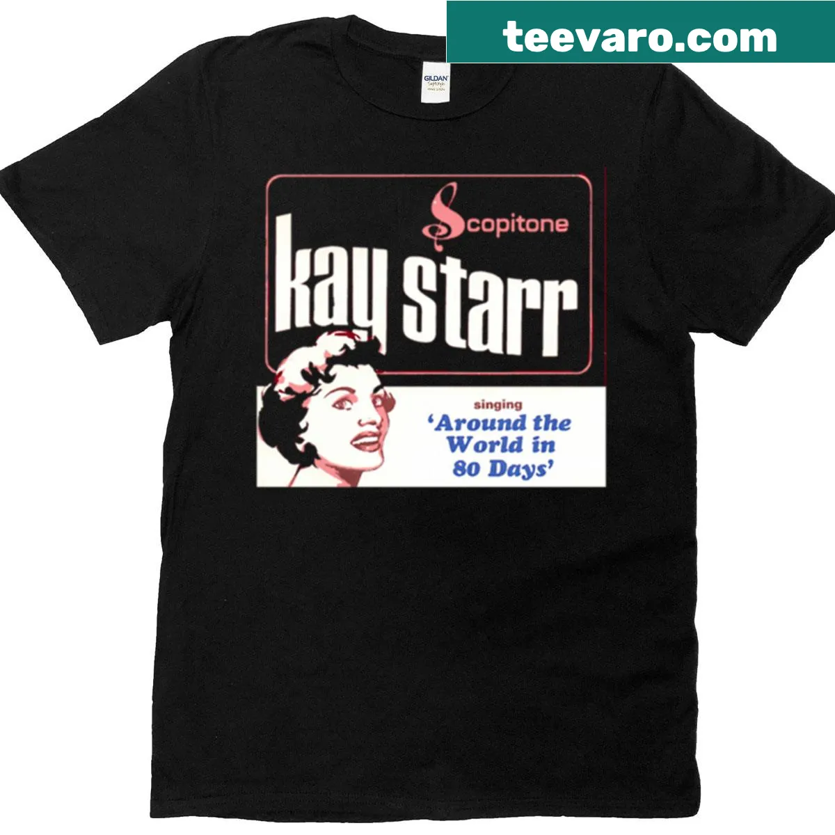 Illustration of Kay Starr with text 'Sings Around The World In 80 Days' — on a men's t-shirt