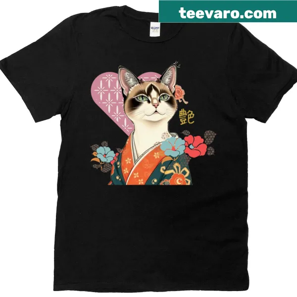 T-shirt featuring a graceful cat in a kimono with blooming flowers.