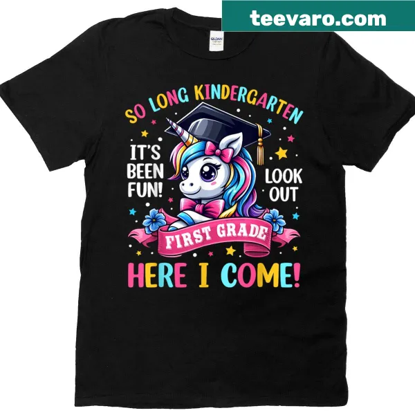 Illustrated unicorn and text for first graders on a T-shirt