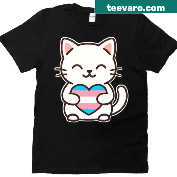 Illustrated cat T-shirt with trans pride colors