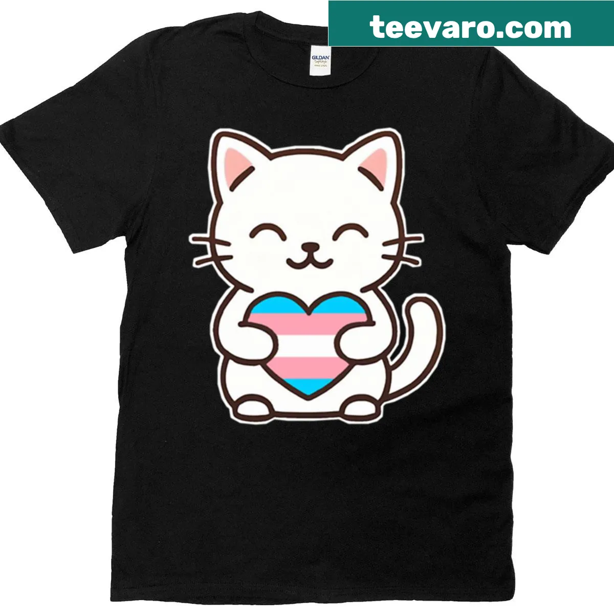 Illustrated cat T-shirt with trans pride colors — on a men's t-shirt