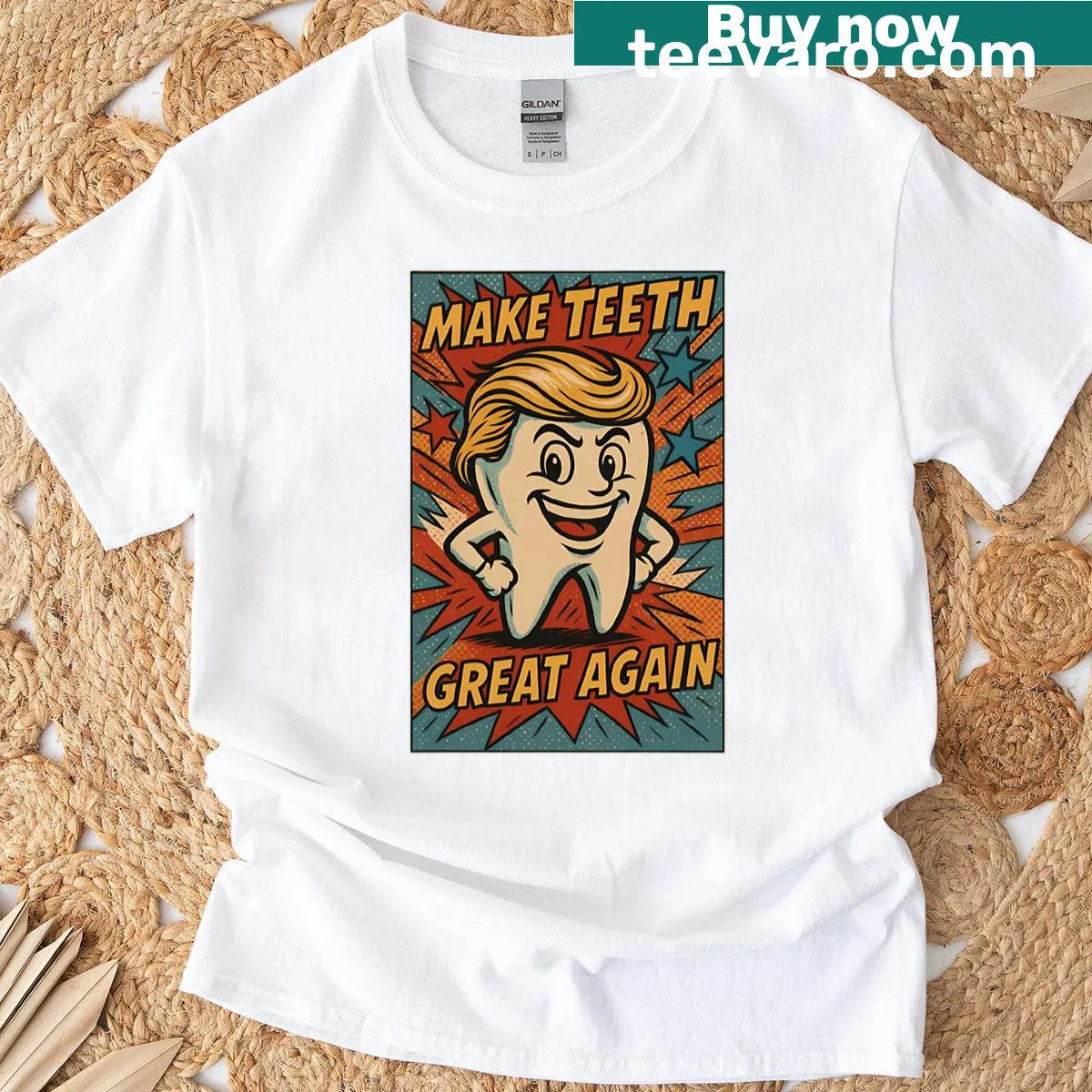 Funny comic T-shirt with dental humor theme — on a men's t-shirt