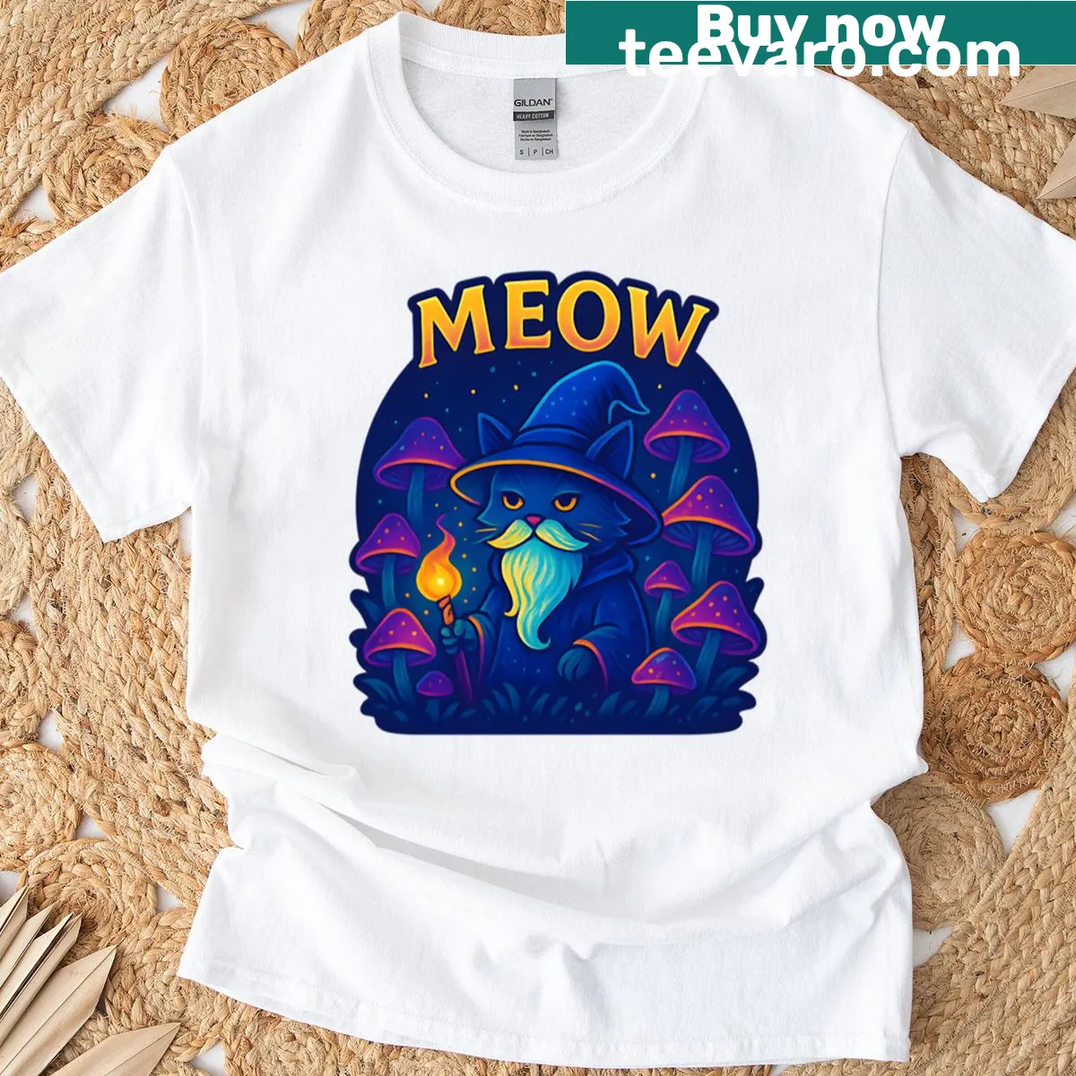 Whimsical cat wizard graphic on a T-shirt — on a men's t-shirt