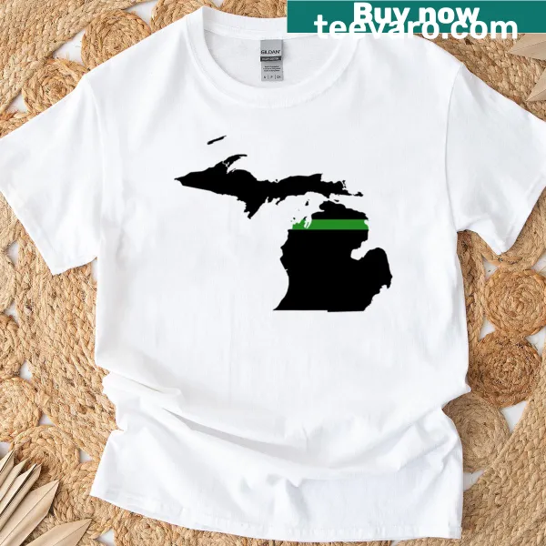 Michigan outline with thin green line emblem on a T-shirt