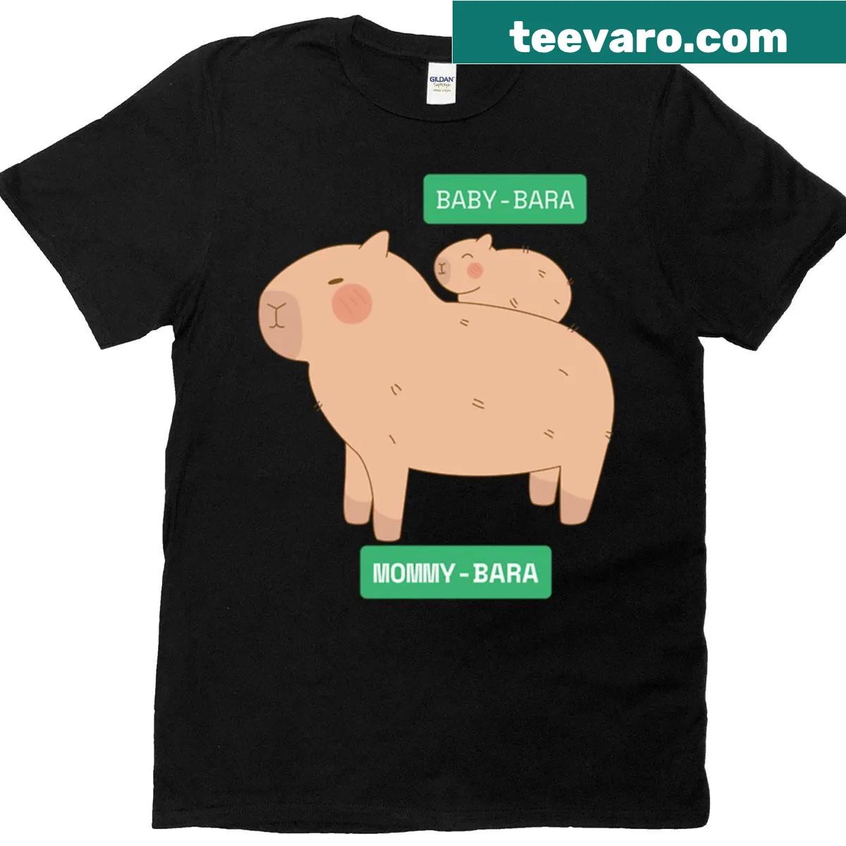 Cute t-shirt featuring a mom and baby capybara illustration — on a men's t-shirt