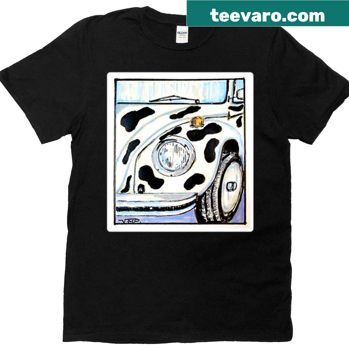 Cartoon cow in a car with the text 'Mooo' — on a men's t-shirt