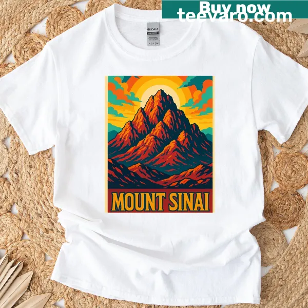 Vintage-style T-shirt featuring Mount Sinai in a retro travel poster design.
