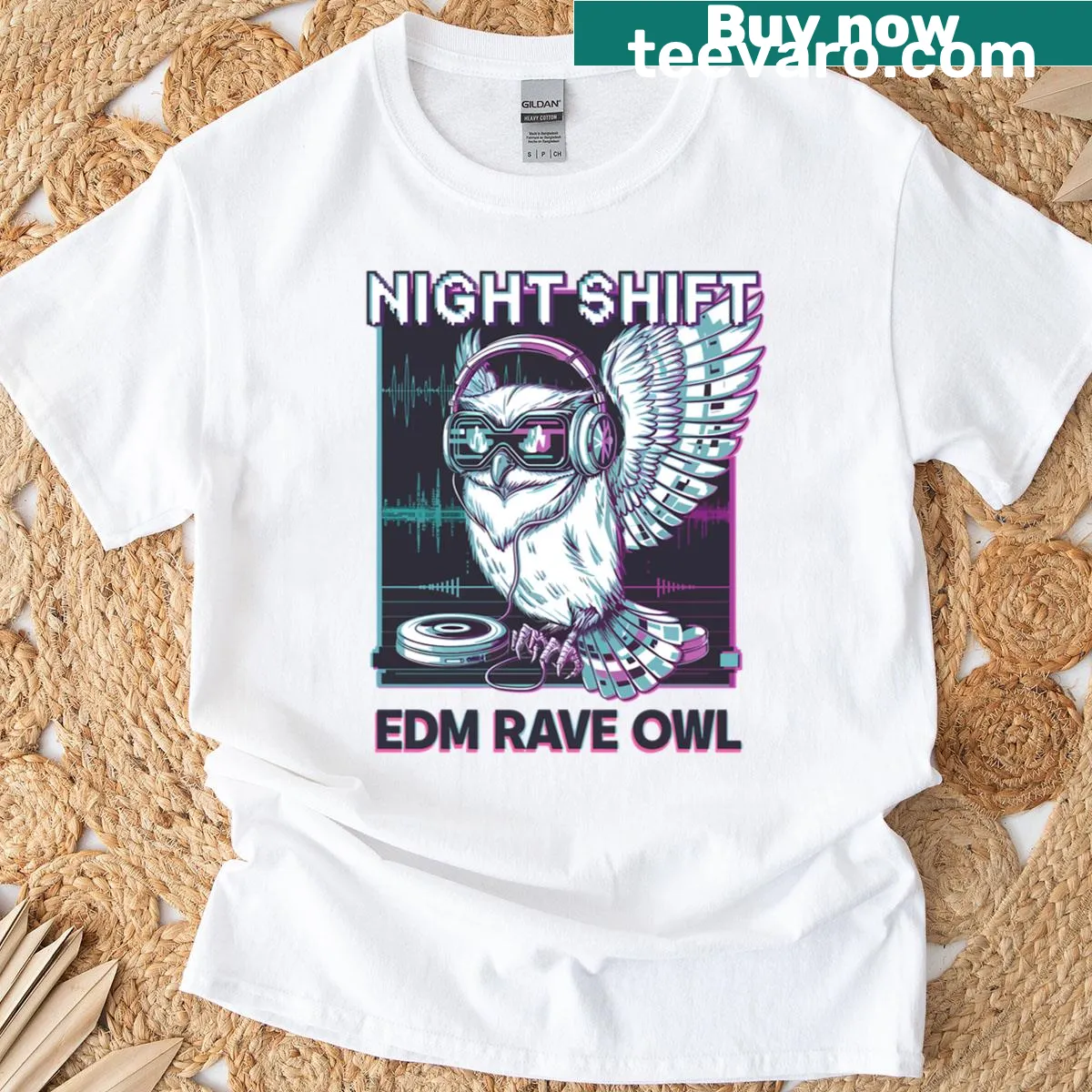 Owl DJ graphic on Night Shift EDM Rave T-shirt — on a men's t-shirt