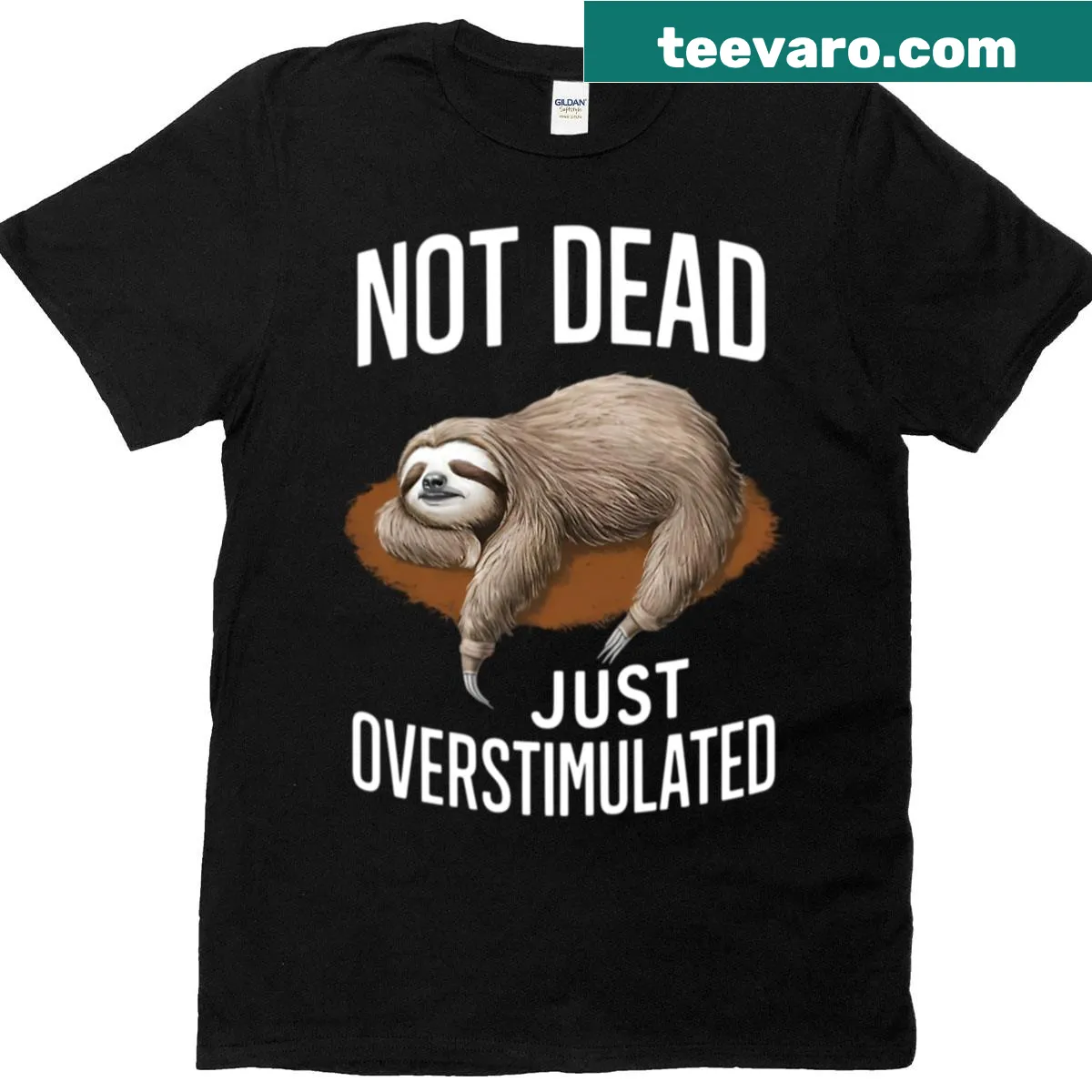 Funny t-shirt saying 'Not Dead Just Overstimulated' with playful graphics. — on a men's t-shirt