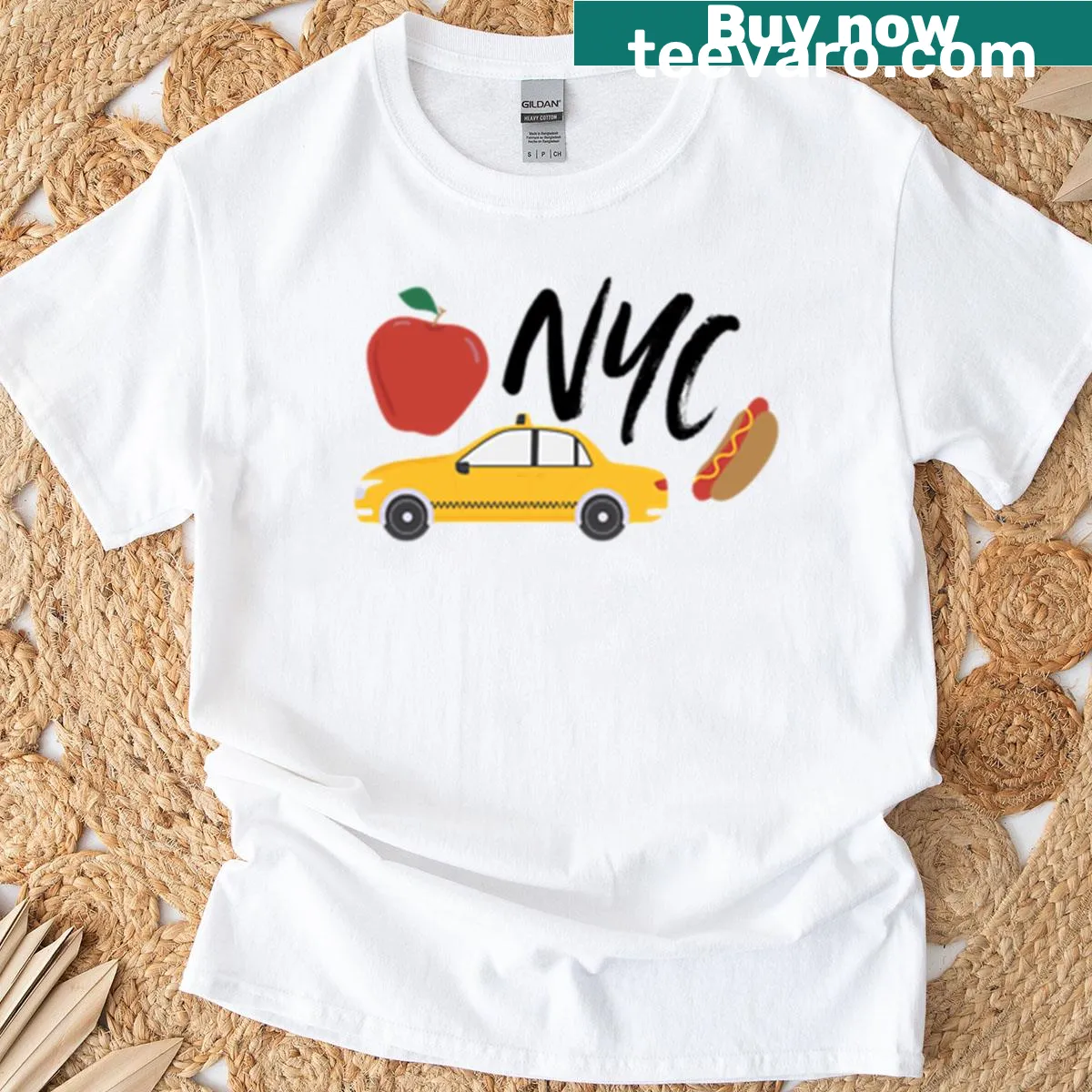 T-shirt featuring illustrations of New York City landmarks — on a men's t-shirt