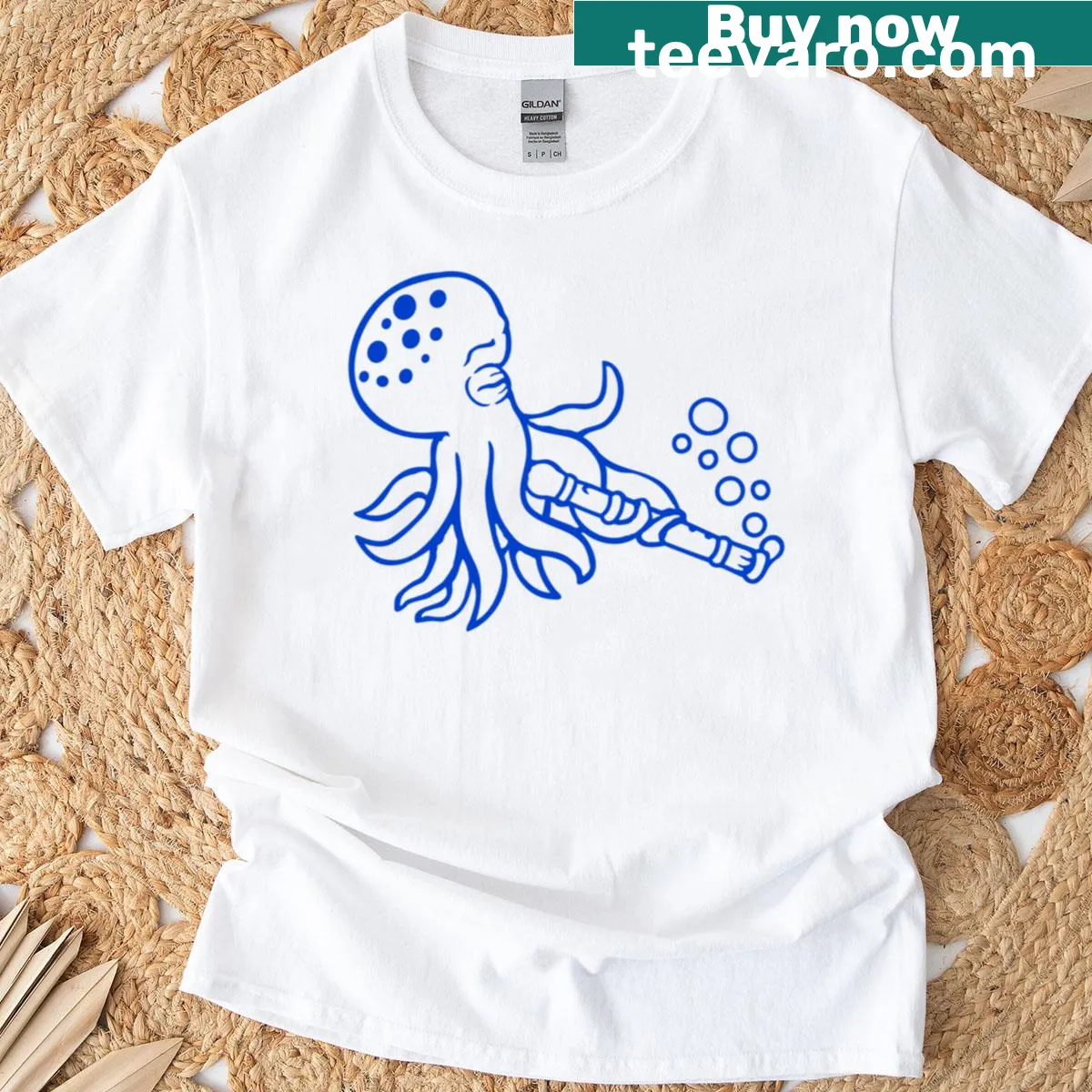 Whimsical octopus playing flute under water design on t-shirt — on a men's t-shirt