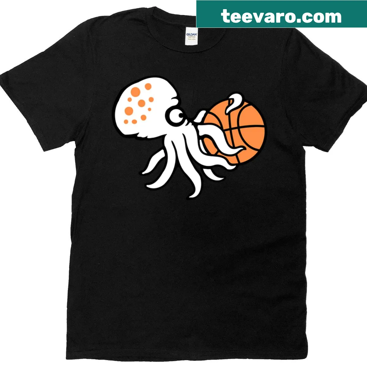 Cartoon octopus playing basketball graphic T-shirt. — on a men's t-shirt