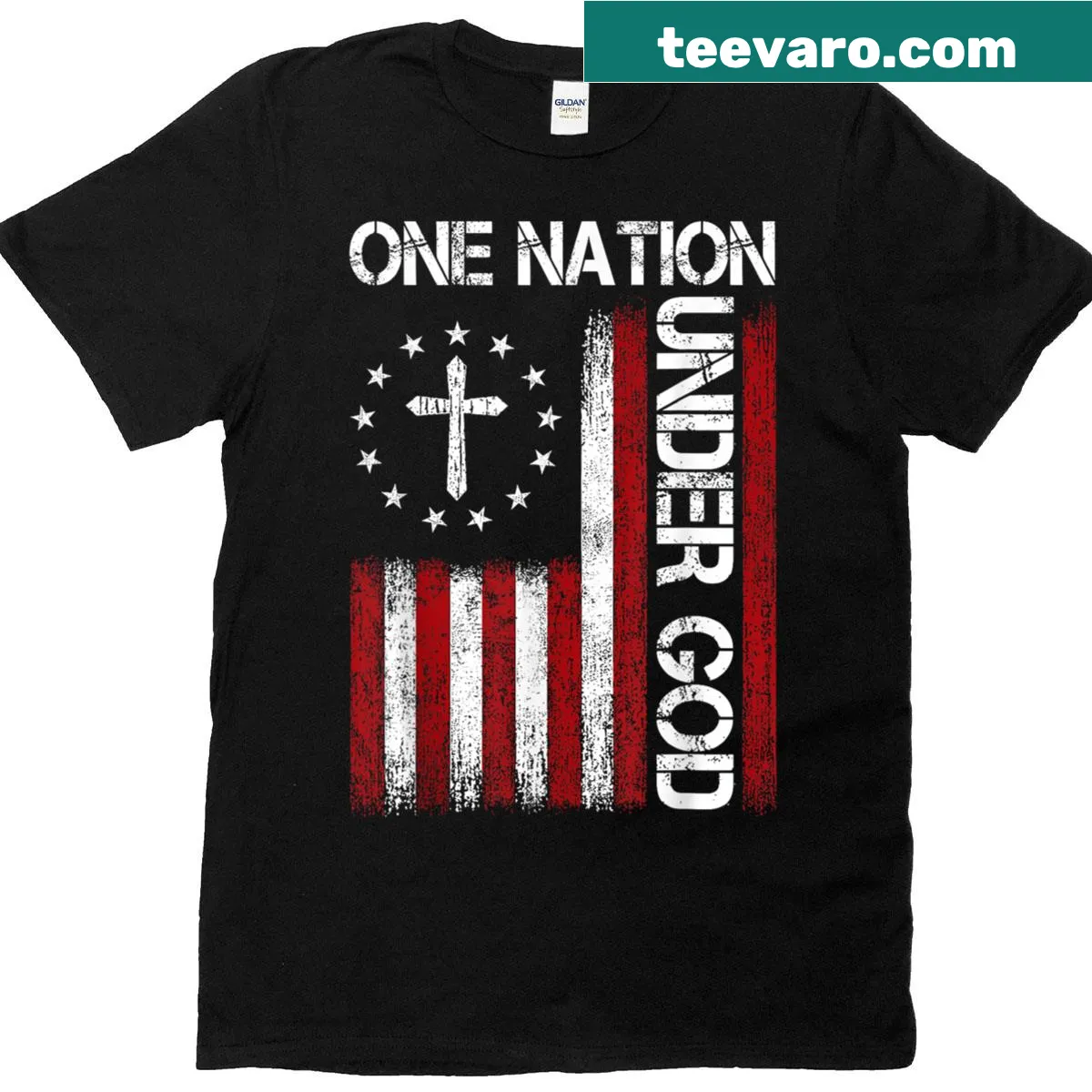 Patriotic t-shirt with 'One Nation Under God' and American flag graphic. — on a men's t-shirt