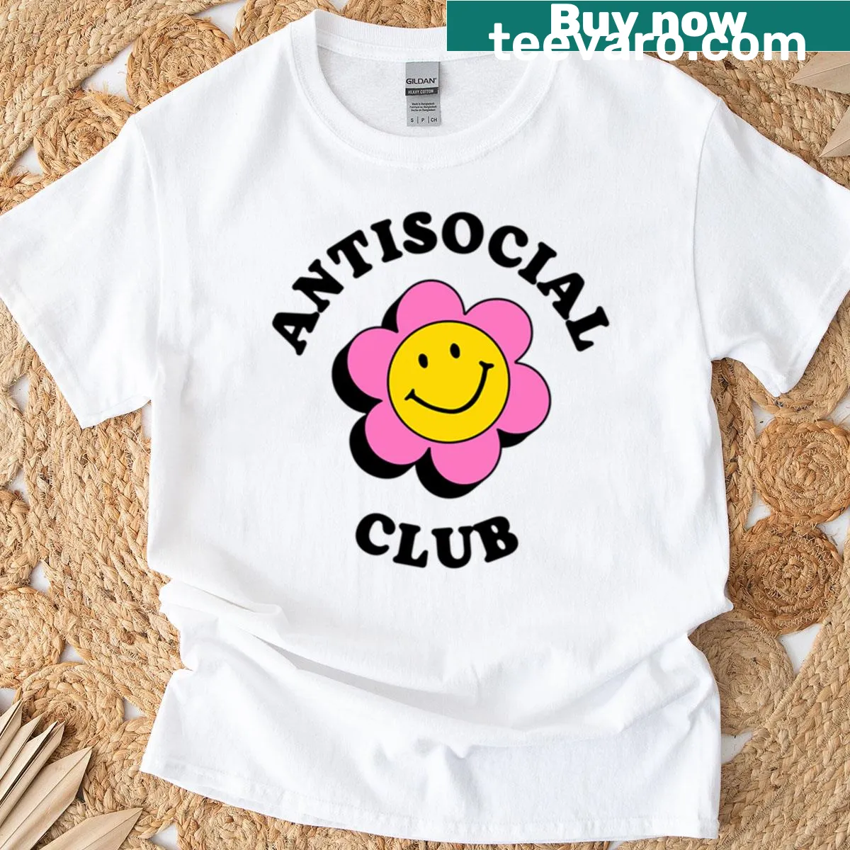 T-shirt with playful pink flower design and Antisocial Club text — on a men's t-shirt