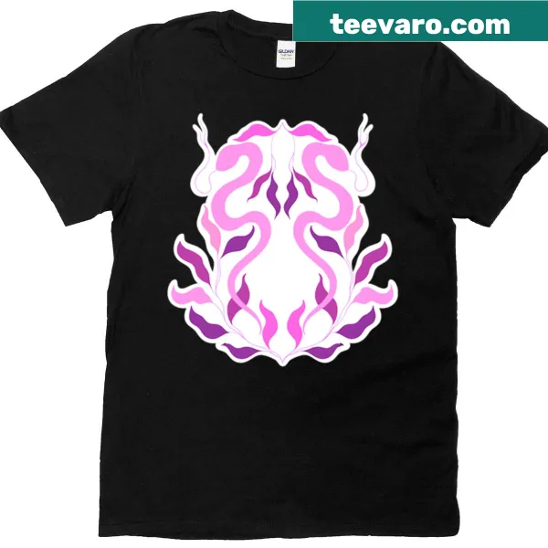 Illustrative design of pink snakes and bay leaves on T-shirt