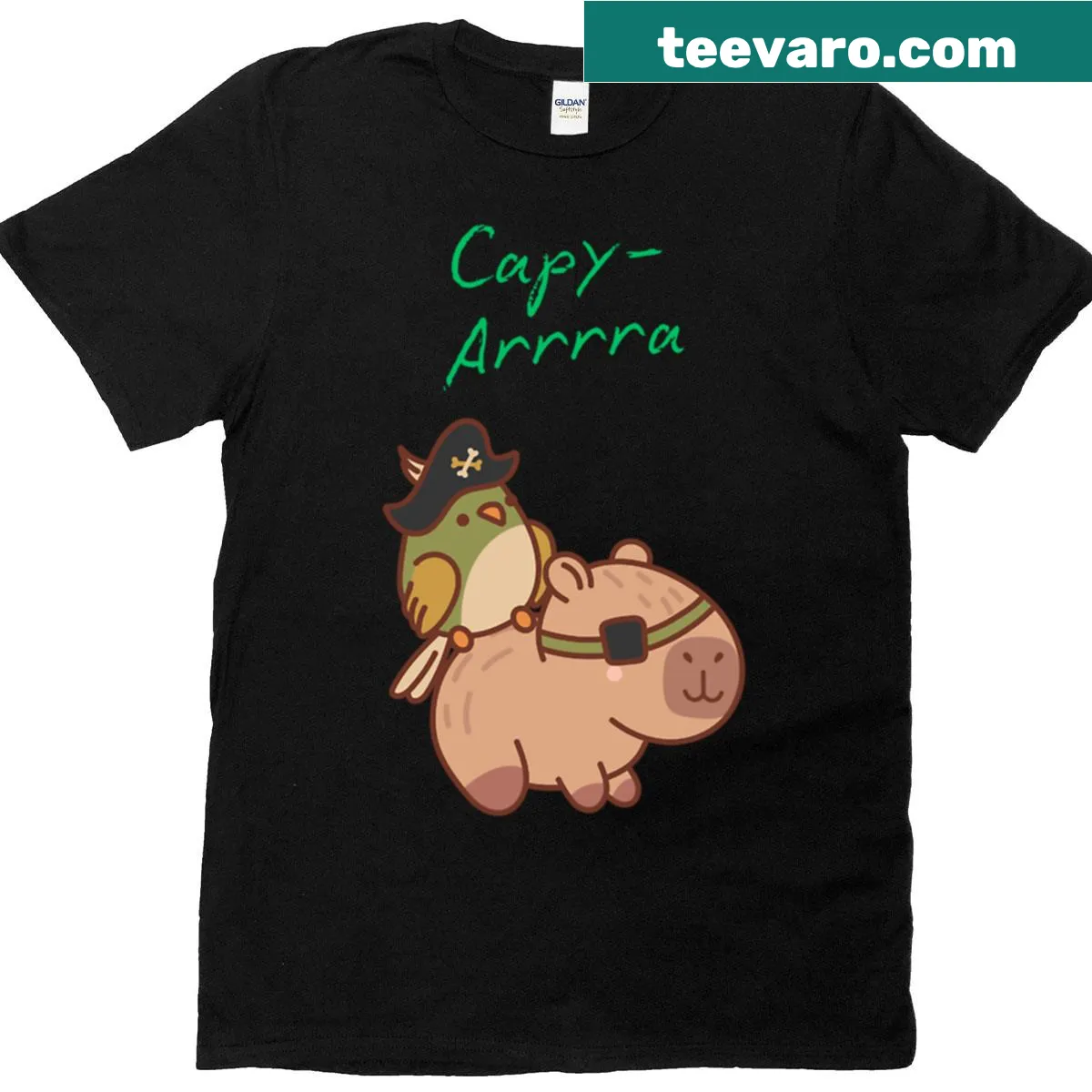 Cartoon pirate capybara graphic on an oversized t-shirt for kids. — on a men's t-shirt