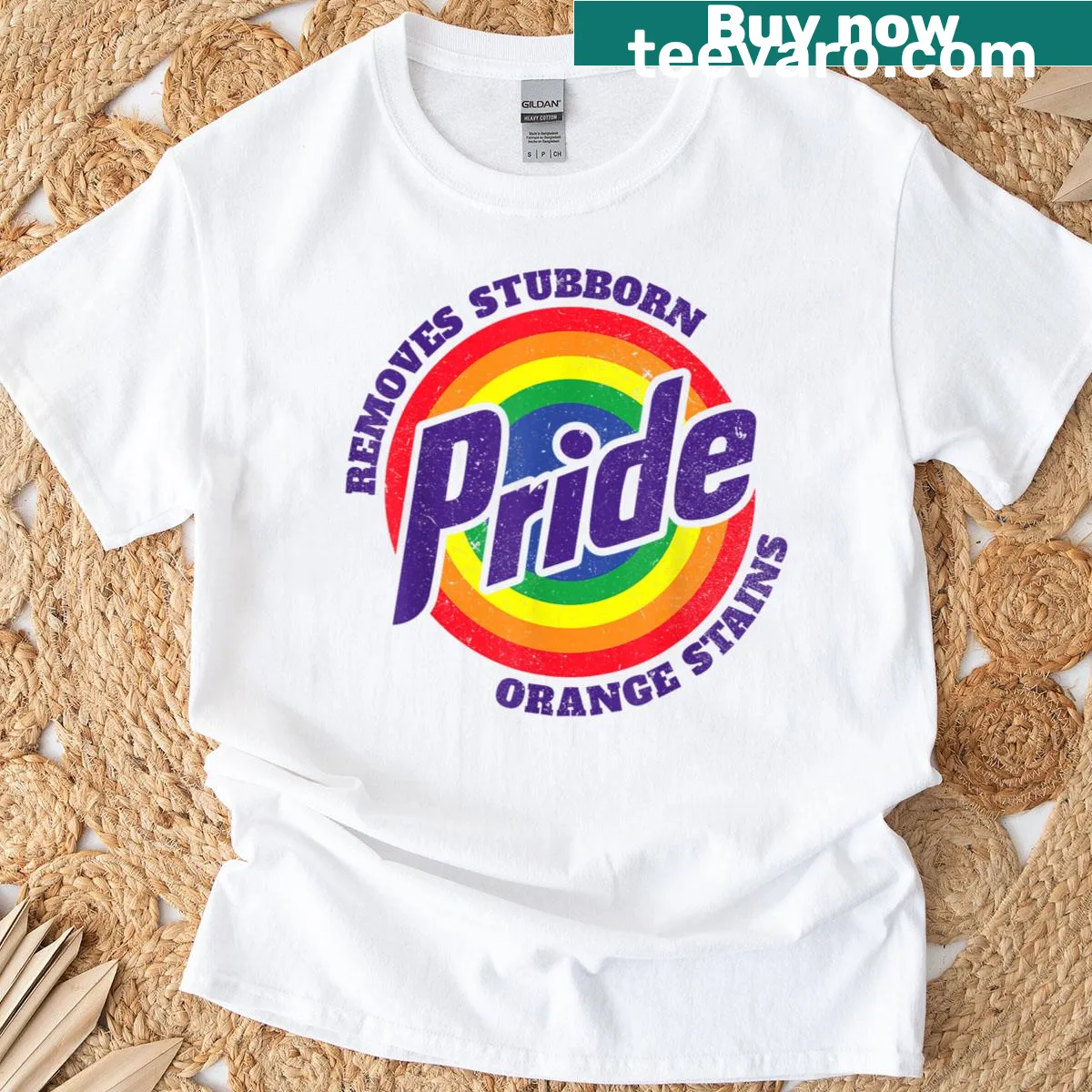 Retro t-shirt with humorous slogan about pride and stubborn stains — on a men's t-shirt