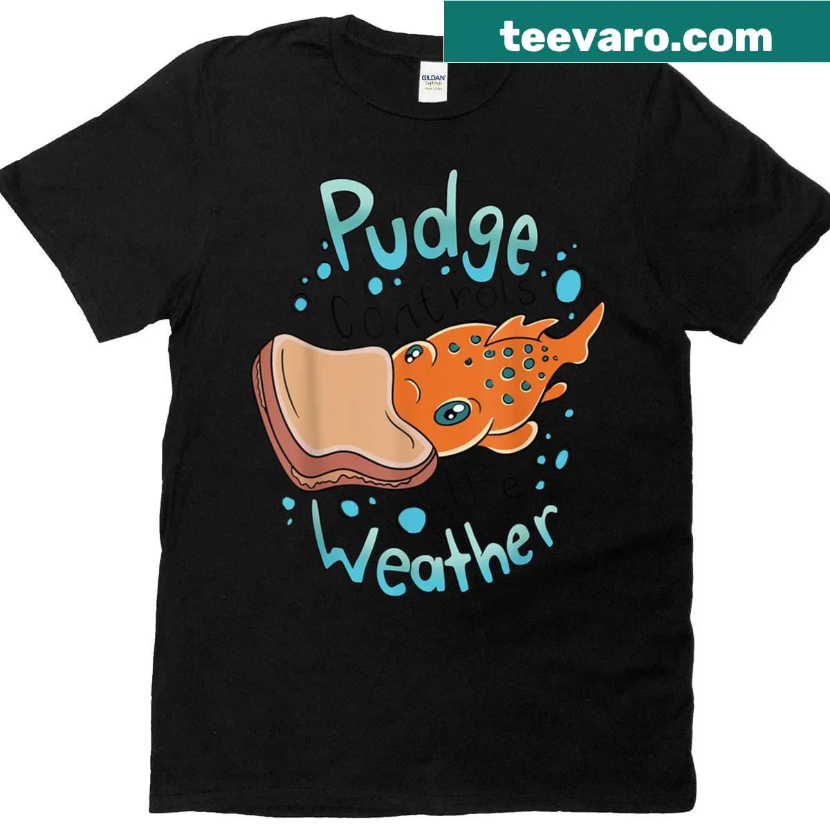 Cartoon design of Pudge claiming to control the weather — on a men's t-shirt