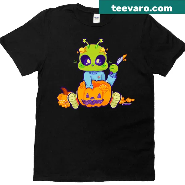 Playful pumpkin carving designs on a t-shirt
