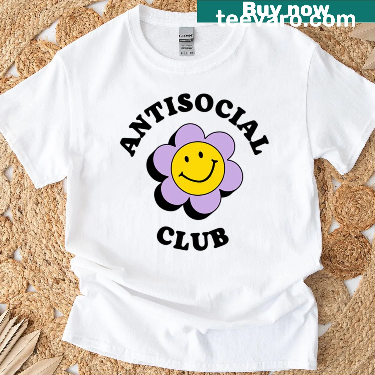 Oversized t-shirt with purple flowers and Antisocial Club text — on a men's t-shirt