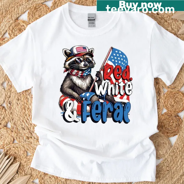Cute patriotic raccoon design in red, white, and blue for Independence Day