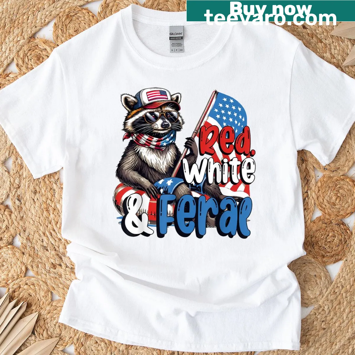 Cute patriotic raccoon design in red, white, and blue for Independence Day — on a men's t-shirt