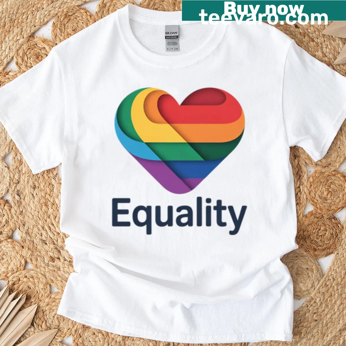 Oversized T-shirt with a playful rainbow heart sticker graphic — on a men's t-shirt