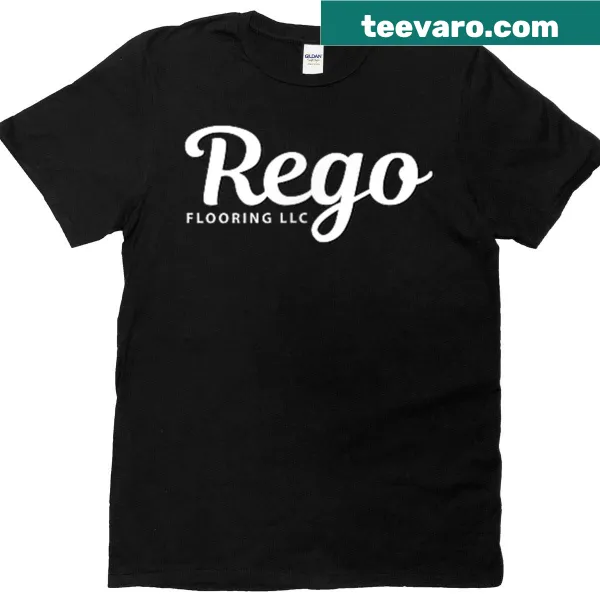 Minimalist badge-emblem design for Rego Floors on a t-shirt