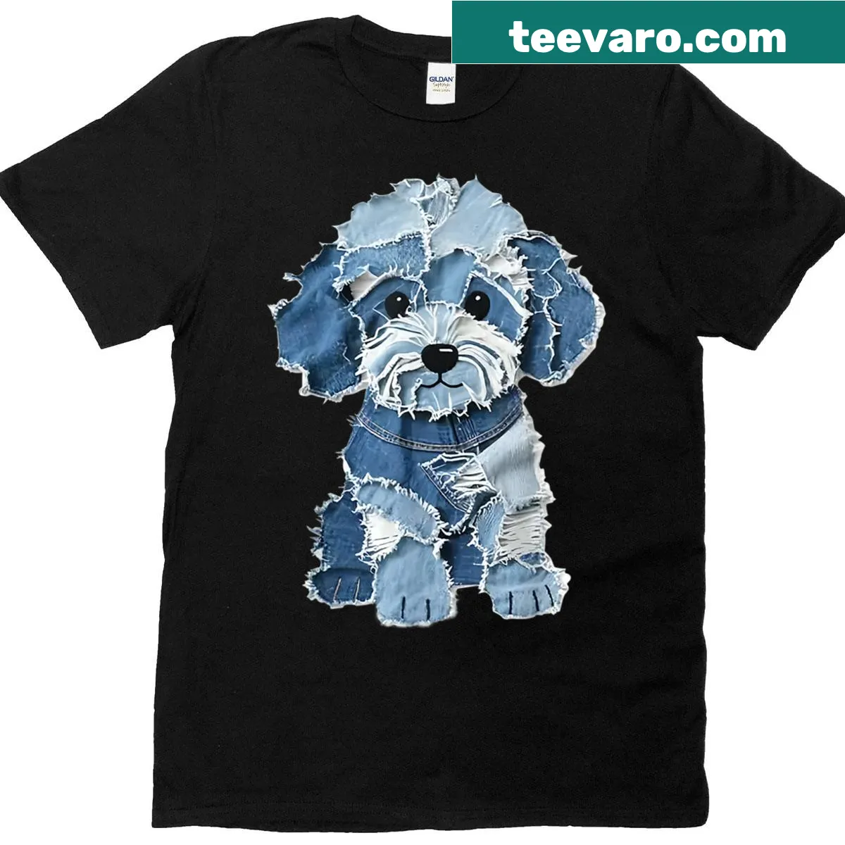 Retro Funny T-shirt with dog print and denim patch illustrations — on a men's t-shirt