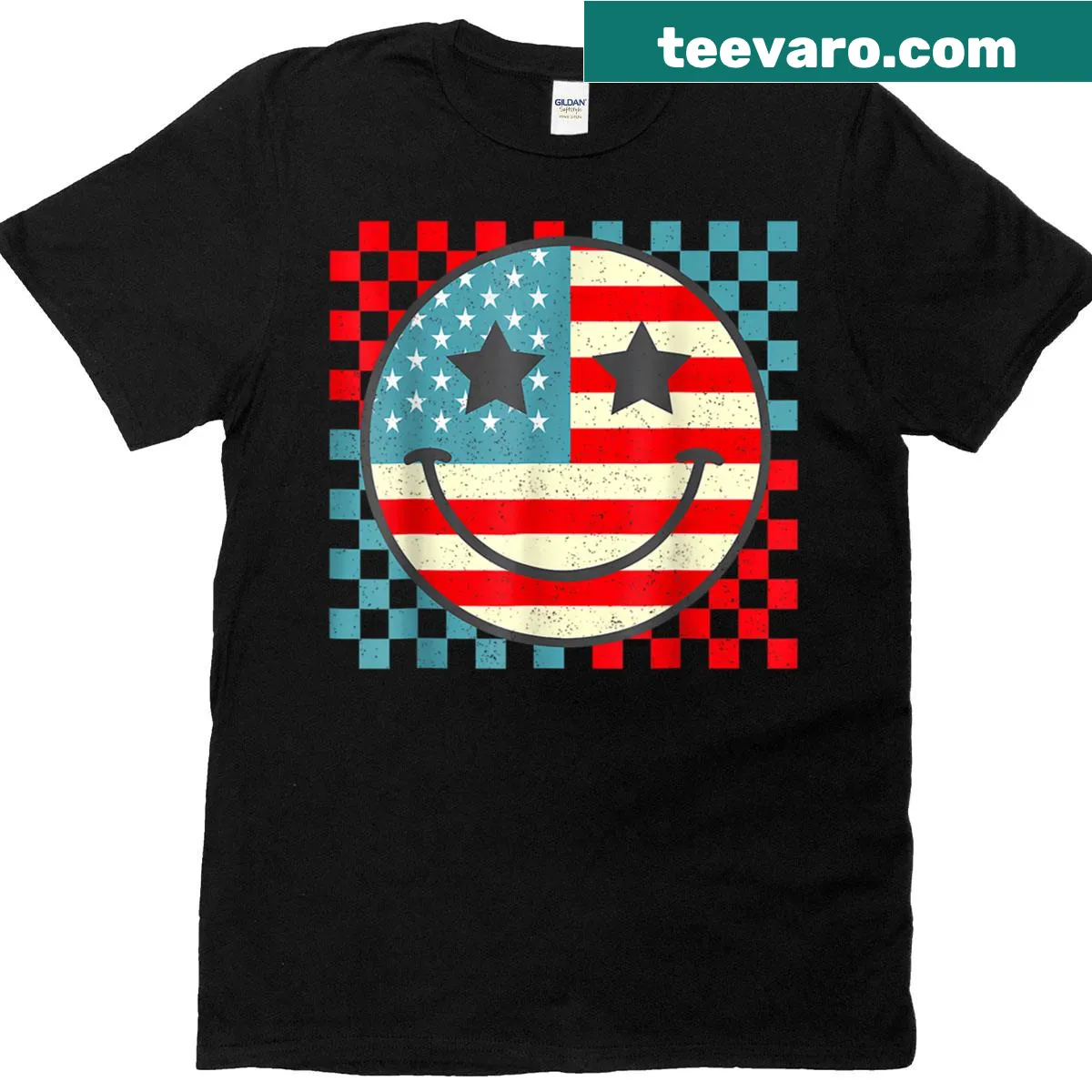 Retro checkered design with smile and Fourth of July theme on t-shirt — on a men's t-shirt