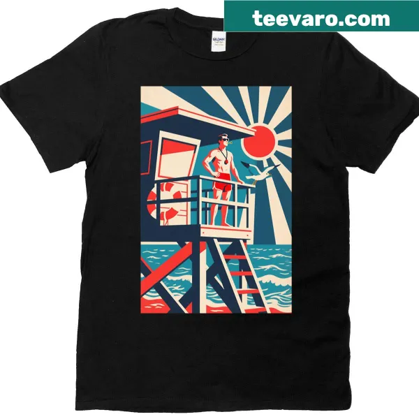 Vintage lifeguard emblem design on a retro T-shirt.