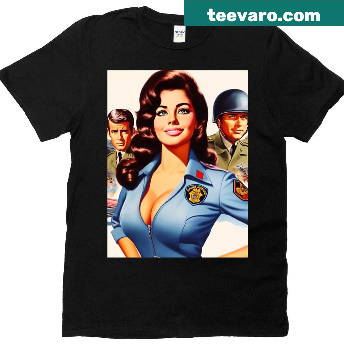 Retro design featuring a female police officer graphic — on a men's t-shirt