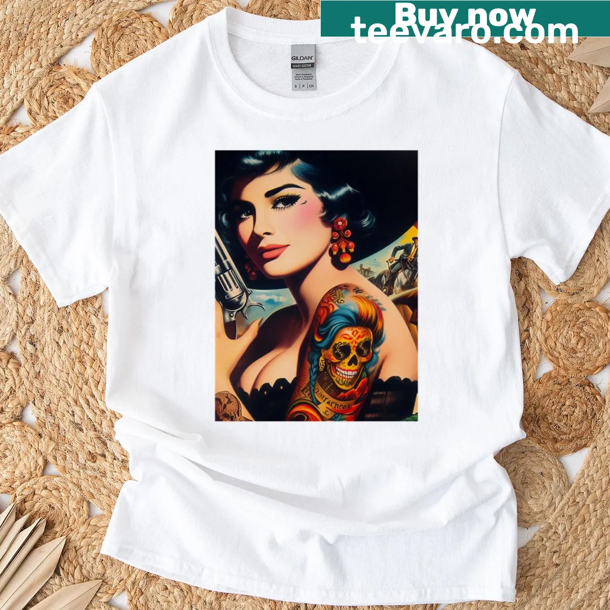 T-shirt featuring a retro tattooed cowgirl graphic — on a men's t-shirt