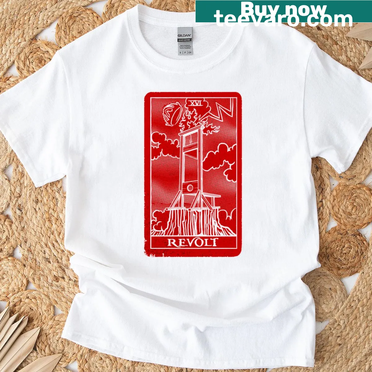 Oversized t-shirt with a vintage tarot card design emphasizing rebellion — on a men's t-shirt