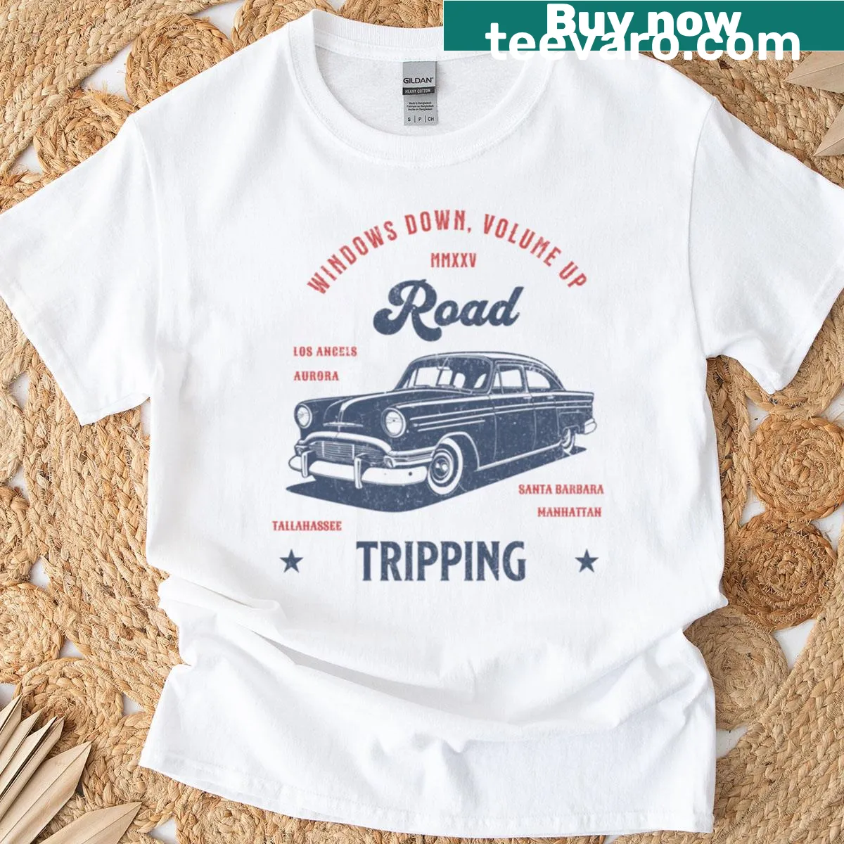 T-shirt featuring 'Road Tripping' text design — on a men's t-shirt
