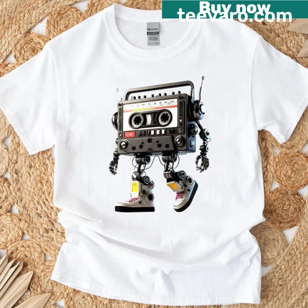Retro Robot Cassette t-shirt featuring a vintage music motif.